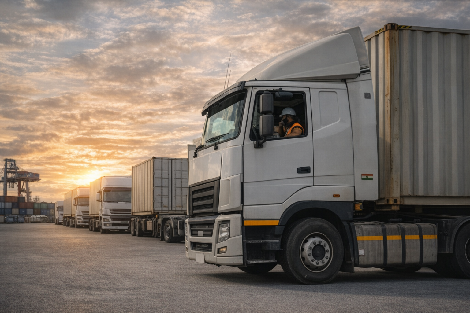 Home SPG Transport fleet of trucks at a logistics hub providing nationwide freight transportation services in India